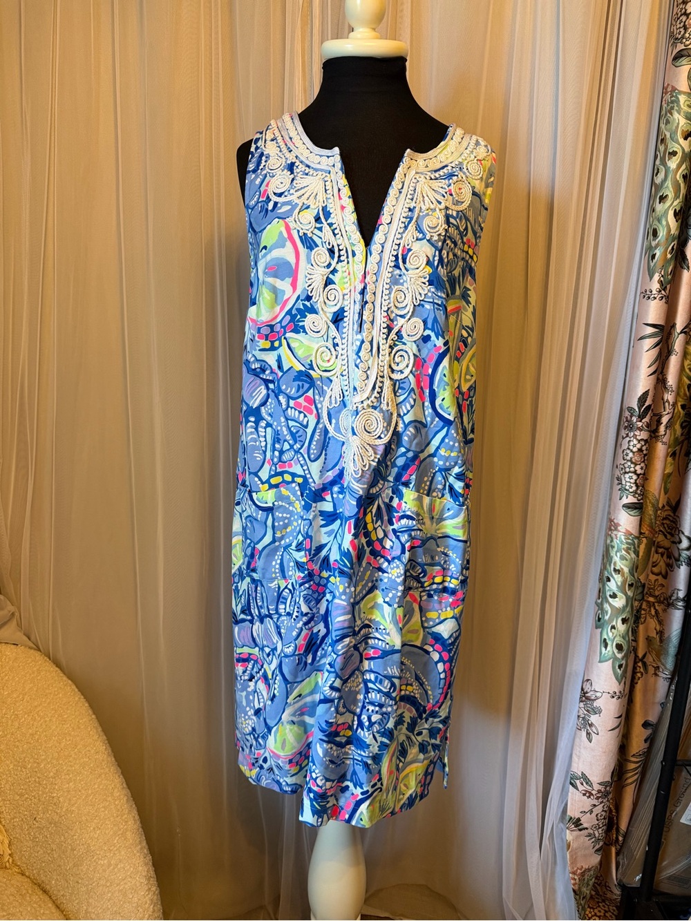 Sleeveless Blue Multi-Print Embroidered Tunic Dress